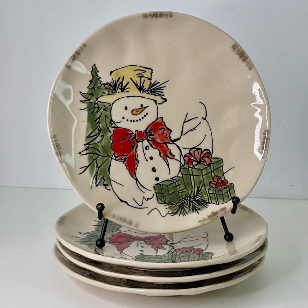 4 Salad / Dessert Plates 1 Design Eli & Ana Handmade Whimsy Snowman 8.5”